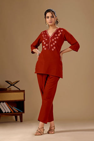 Rust Floral Embroidered Cotton Co-Ord Set (ACA8686)