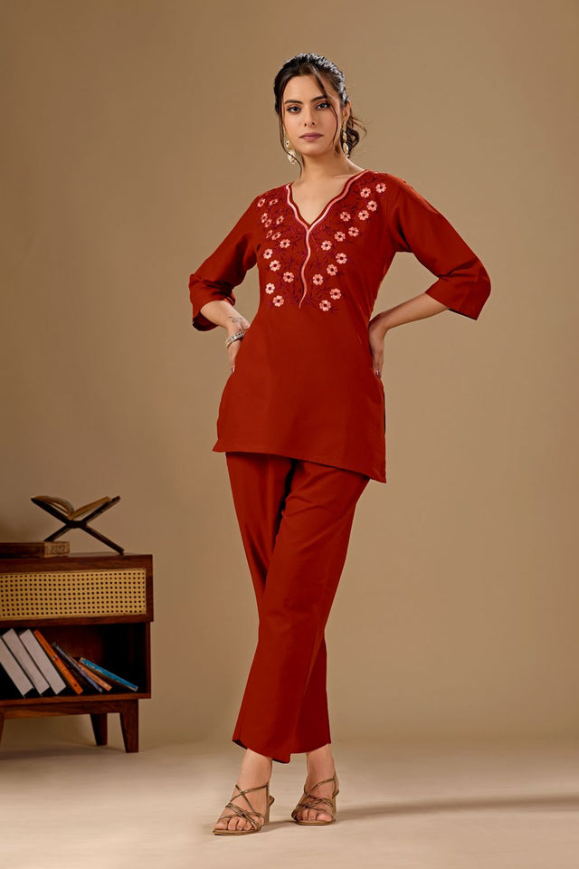 Rust Floral Embroidered Cotton Co-Ord Set (ACA8686)
