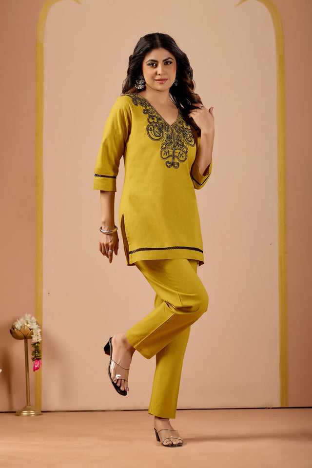 Mustard Embroidered Cotton Co-Ord Set (ACA8687)