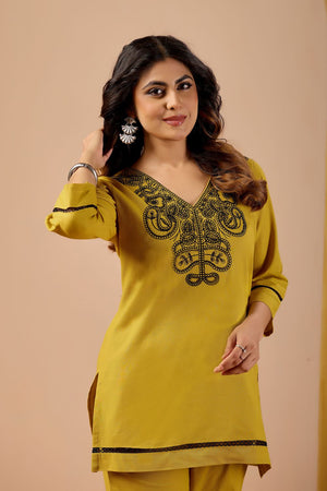 Mustard Embroidered Cotton Co-Ord Set (ACA8687)