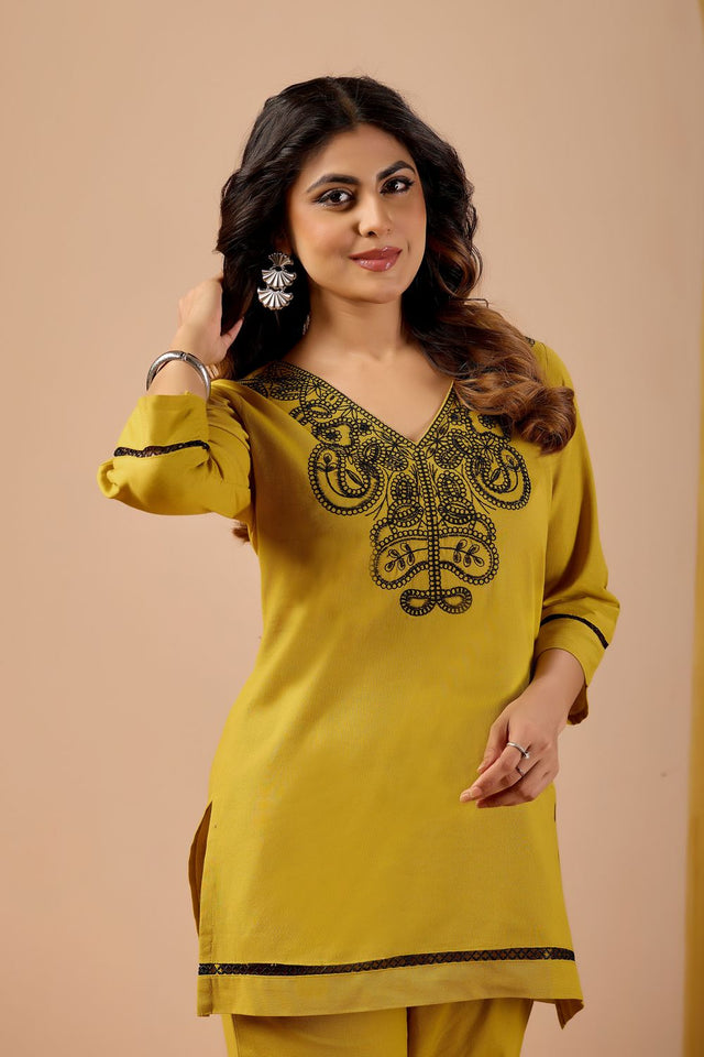 Mustard Embroidered Cotton Co-Ord Set (ACA8687)