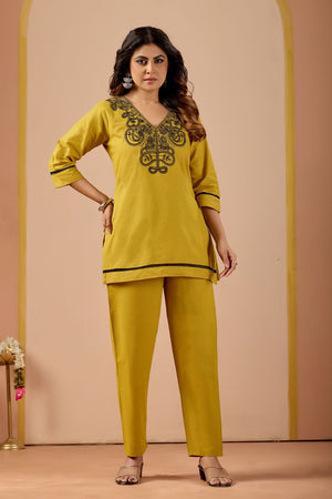 Mustard Embroidered Cotton Co-Ord Set (ACA8687)