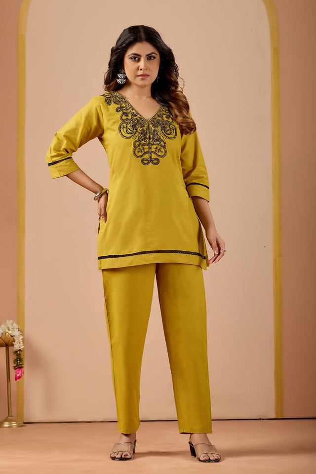 Mustard Embroidered Cotton Co-Ord Set (ACA8687)
