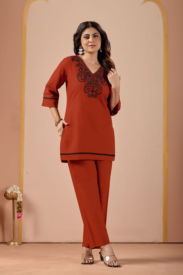 Rust Embroidered Cotton Co-Ord Set (ACA8688)