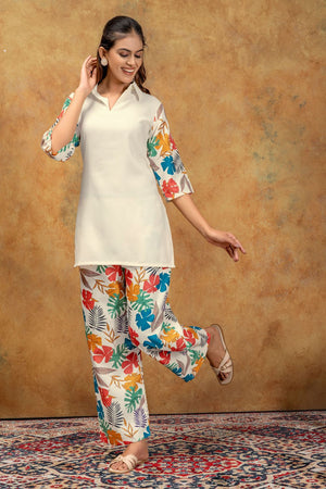Off-White Floral Printed Cotton Co-Ord Set (ACA8689)