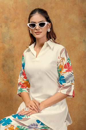 Off-White Floral Printed Cotton Co-Ord Set (ACA8689)