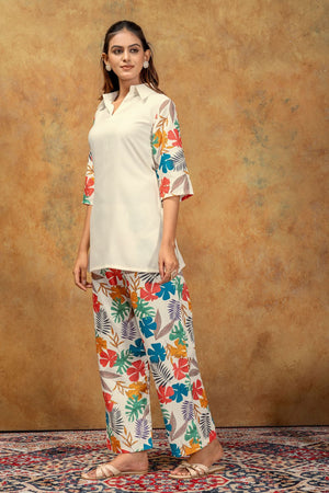 Off-White Floral Printed Cotton Co-Ord Set (ACA8689)