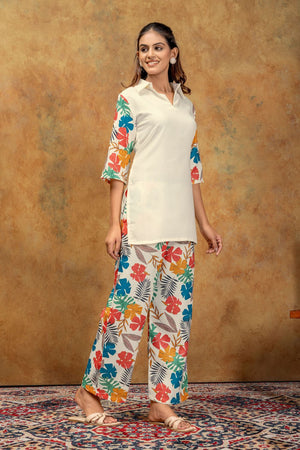 Off-White Floral Printed Cotton Co-Ord Set (ACA8689)