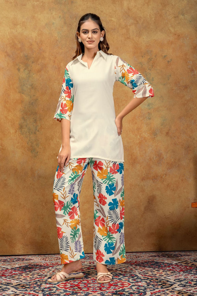 Off-White Floral Printed Cotton Co-Ord Set (ACA8689)