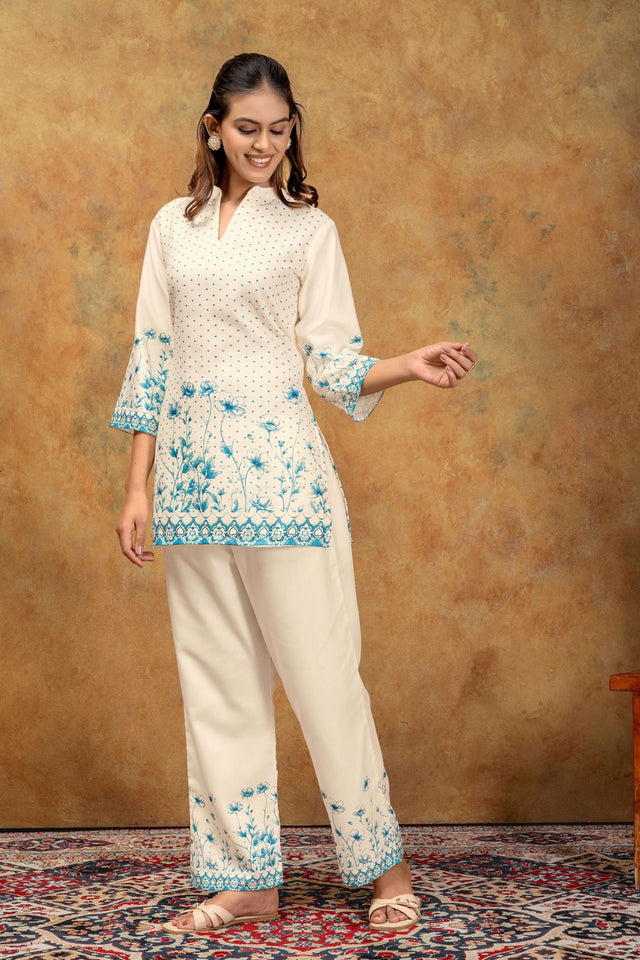 Turquoise Floral Printed Cotton Co-Ord Set (ACA8690)