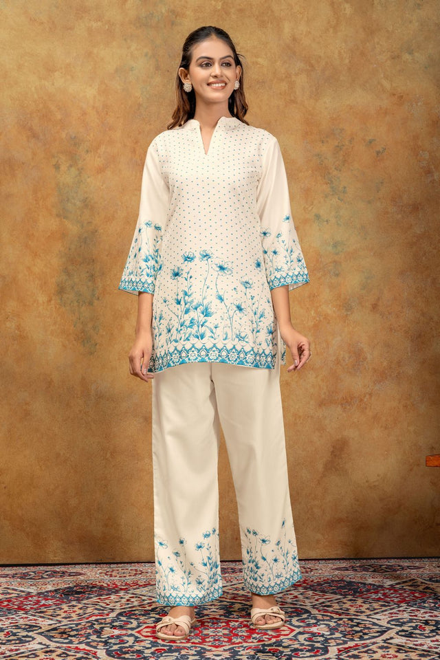 Turquoise Floral Printed Cotton Co-Ord Set (ACA8690)