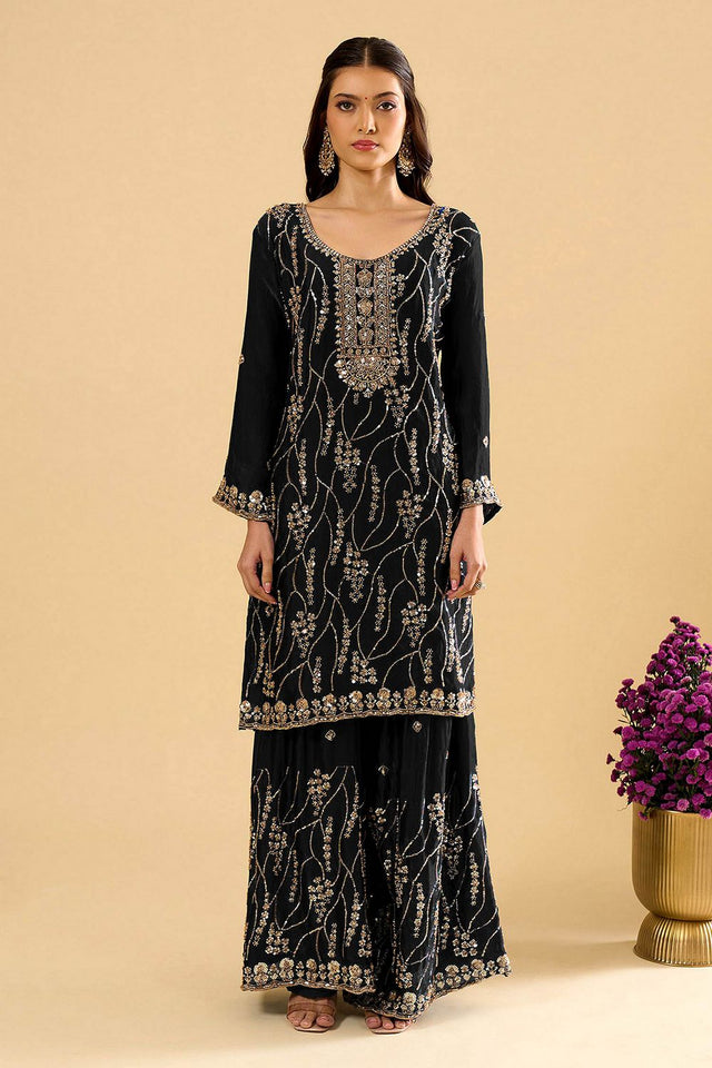 Black Sequin Silk Palazzo Suit (ACA8693)