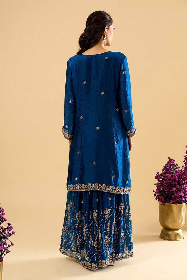 Blue Sequin Silk Palazzo Suit (ACA8694)
