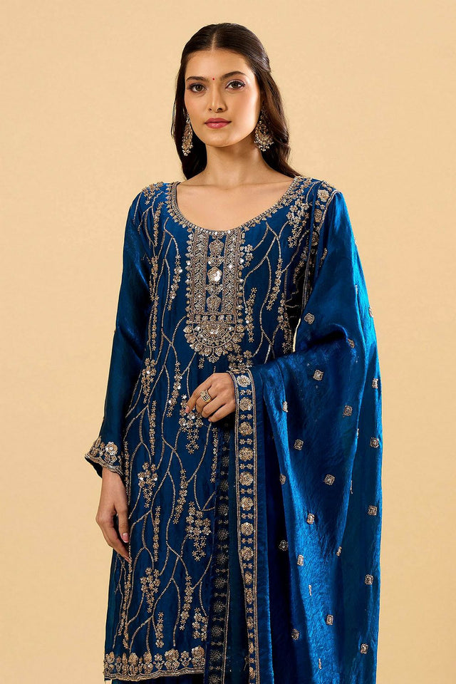 Blue Sequin Silk Palazzo Suit (ACA8694)