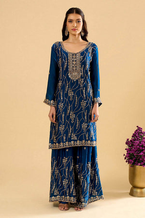 Blue Sequin Silk Palazzo Suit (ACA8694)