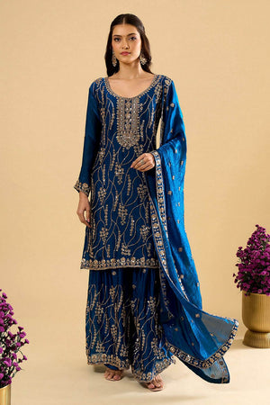 Blue Sequin Silk Palazzo Suit (ACA8694)