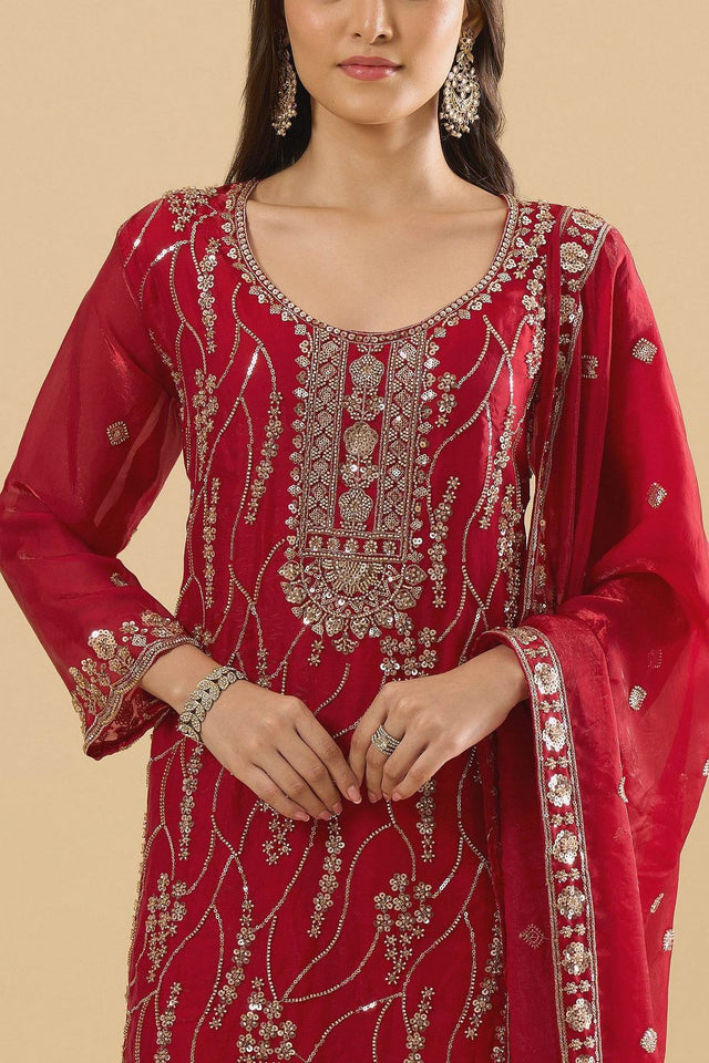 Maroon Sequin Silk Palazzo Suit (ACA8695)