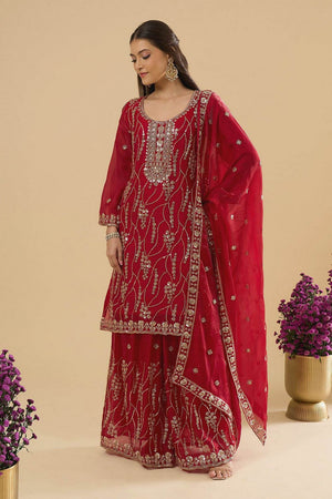 Maroon Sequin Silk Palazzo Suit (ACA8695)