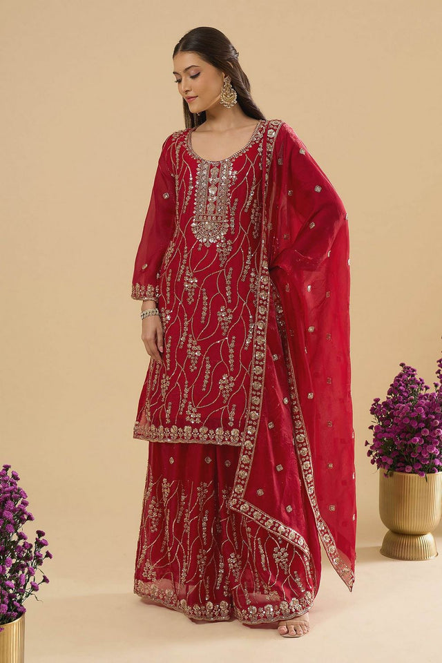Maroon Sequin Silk Palazzo Suit (ACA8695)