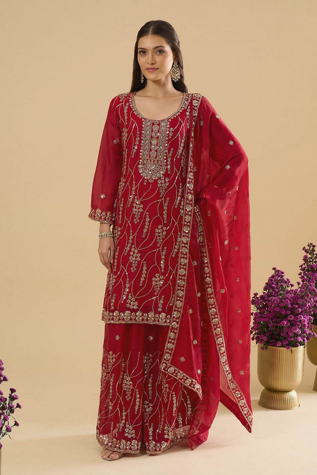 Maroon Sequin Silk Palazzo Suit (ACA8695)