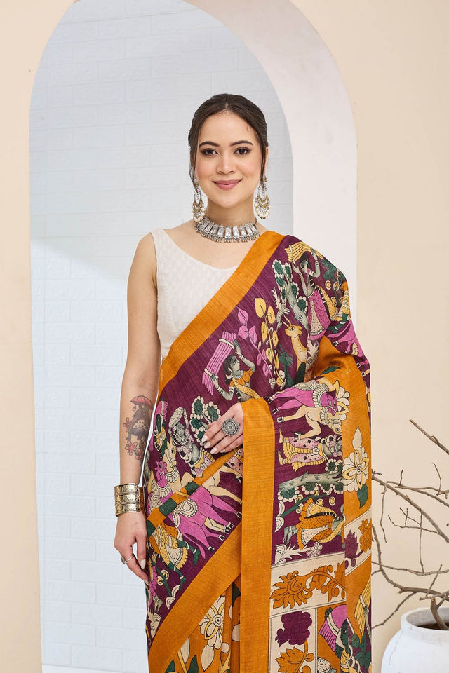 Orange Printed Silk Blend Ready to Wear Saree (ACA8696)