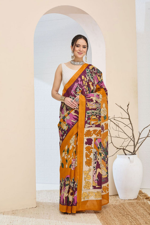 Orange Printed Silk Blend Ready to Wear Saree (ACA8696)
