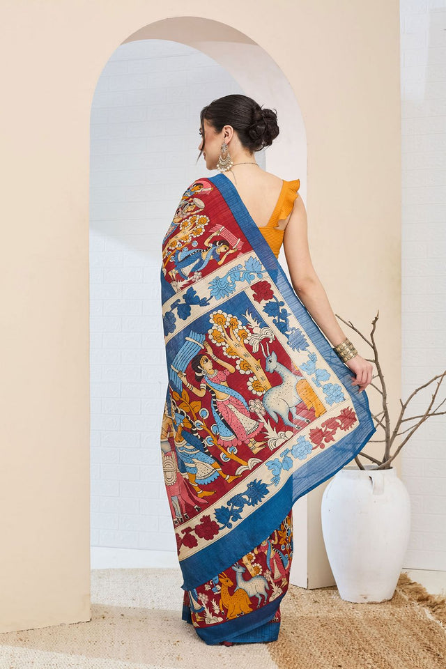 Blue Printed Silk Blend Ready to Wear Saree (ACA8697)