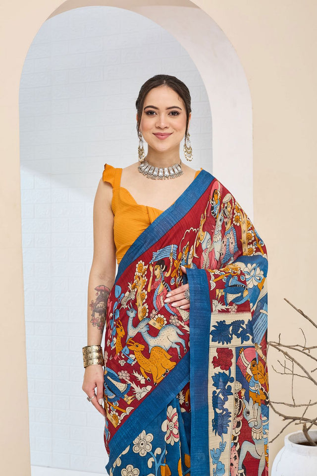 Blue Printed Silk Blend Ready to Wear Saree (ACA8697)