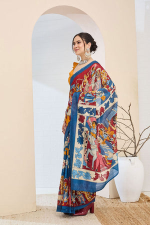 Blue Printed Silk Blend Ready to Wear Saree (ACA8697)
