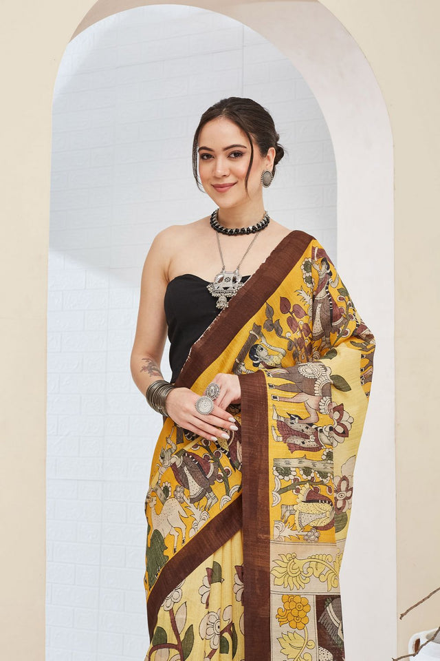 Brown Printed Silk Blend Ready to Wear Saree (ACA8698)