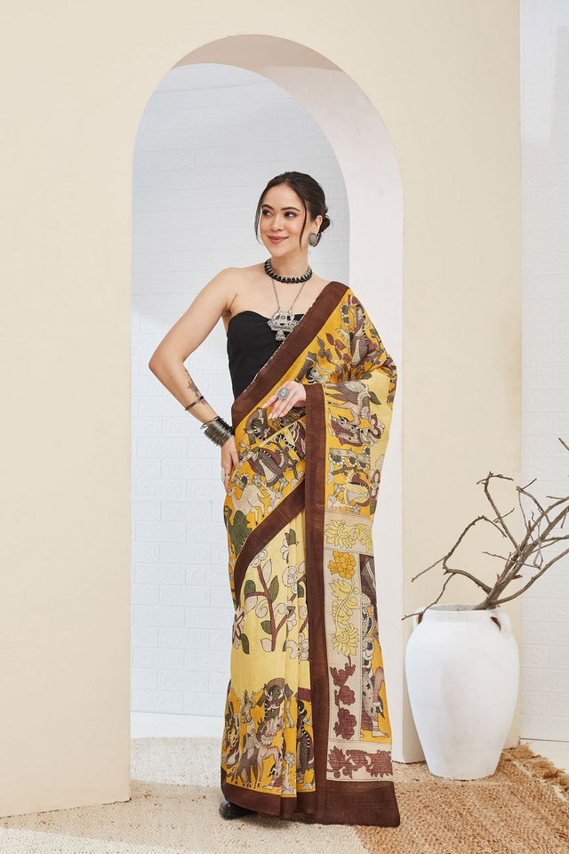 Brown Printed Silk Blend Ready to Wear Saree (ACA8698)