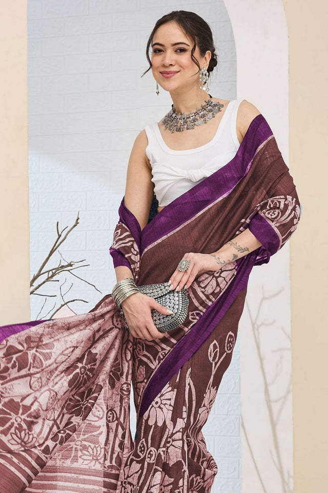 Purple Printed Silk Blend Ready to Wear Saree (ACA8699)