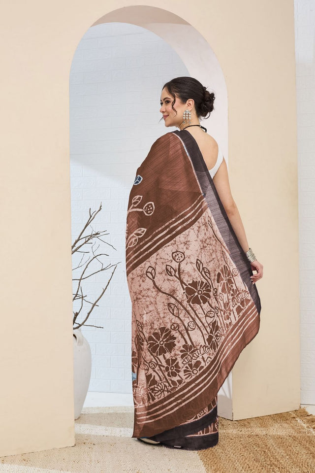 Brown Printed Silk Blend Ready to Wear Saree (ACA8700)