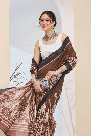 Brown Printed Silk Blend Ready to Wear Saree (ACA8700)