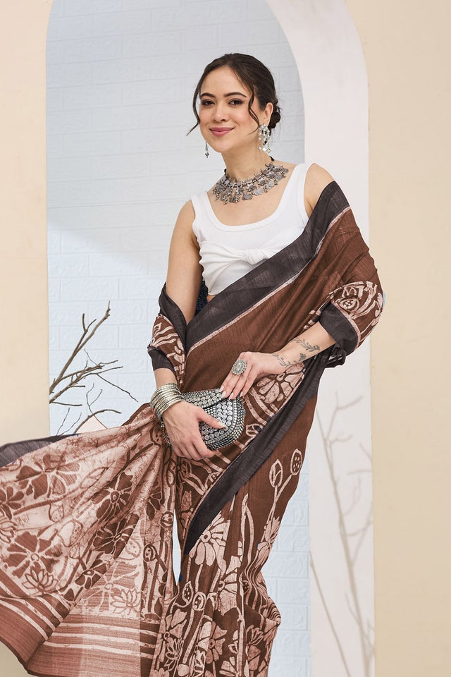 Brown Printed Silk Blend Ready to Wear Saree (ACA8700)