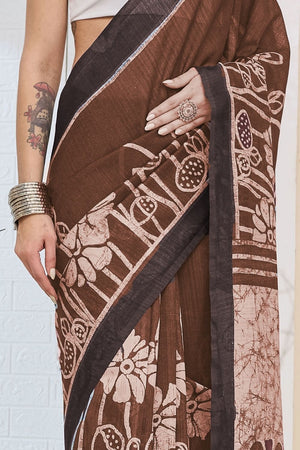 Brown Printed Silk Blend Ready to Wear Saree (ACA8700)