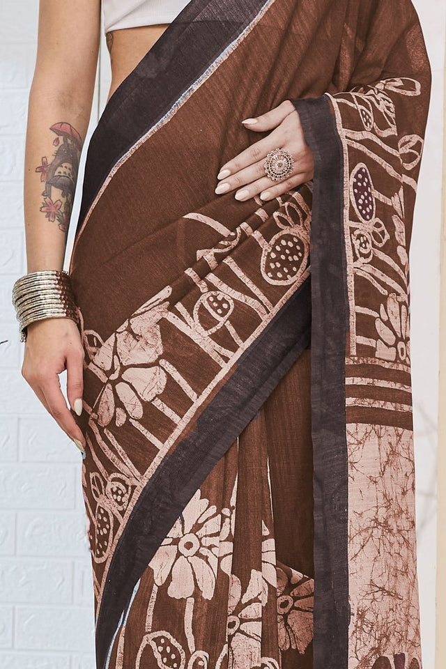 Brown Printed Silk Blend Ready to Wear Saree (ACA8700)