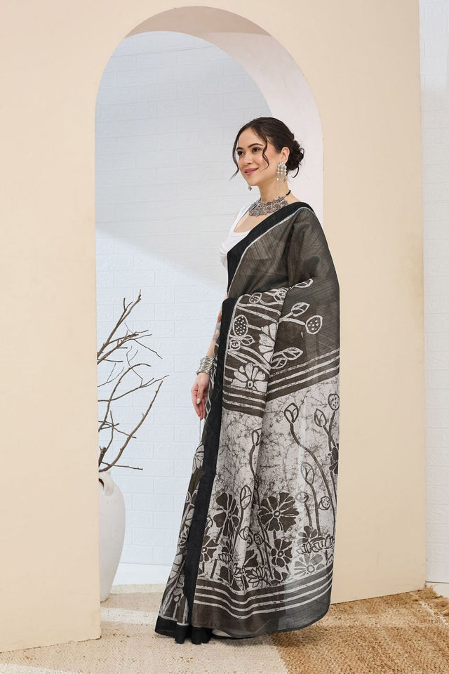 Black Printed Silk Blend Ready to Wear Saree (ACA8701)