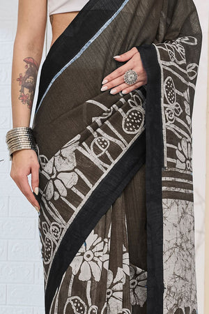 Black Printed Silk Blend Ready to Wear Saree (ACA8701)