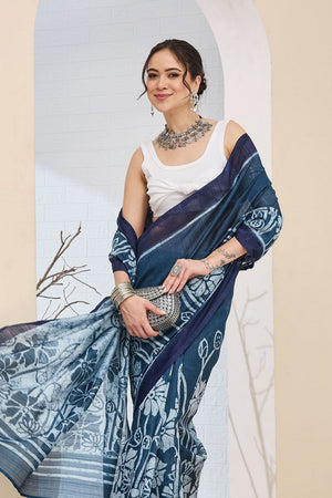 Blue Printed Silk Blend Ready to Wear Saree (ACA8702)