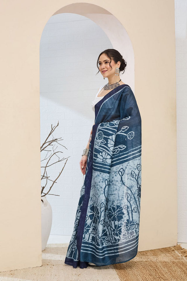Blue Printed Silk Blend Ready to Wear Saree (ACA8702)