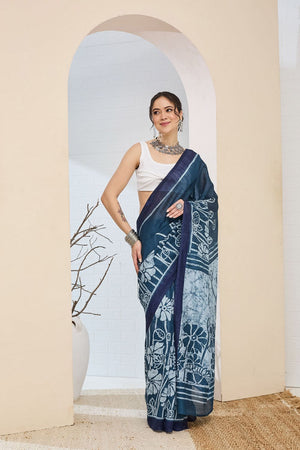 Blue Printed Silk Blend Ready to Wear Saree (ACA8702)