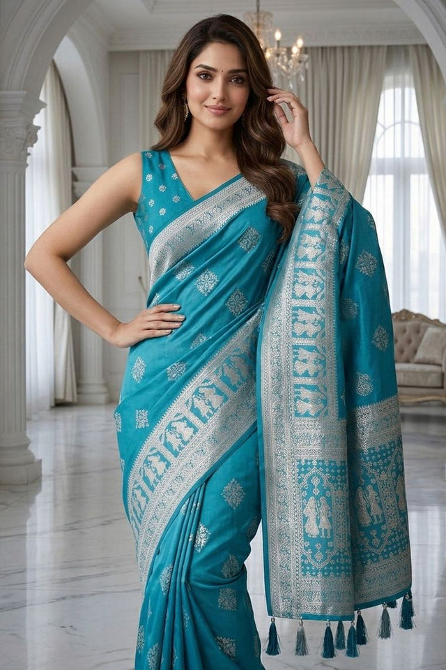 Turquoise Woven with Zari Work Silk Saree (ACA8705)