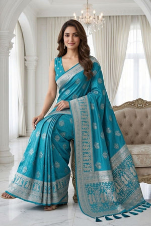 Turquoise Woven with Zari Work Silk Saree (ACA8705)