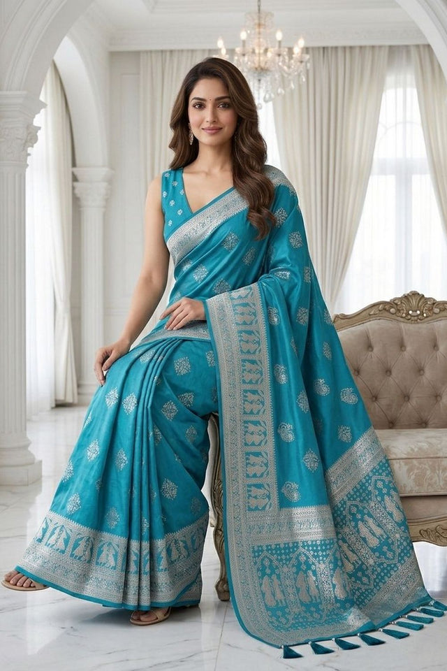 Turquoise Woven with Zari Work Silk Saree (ACA8705)