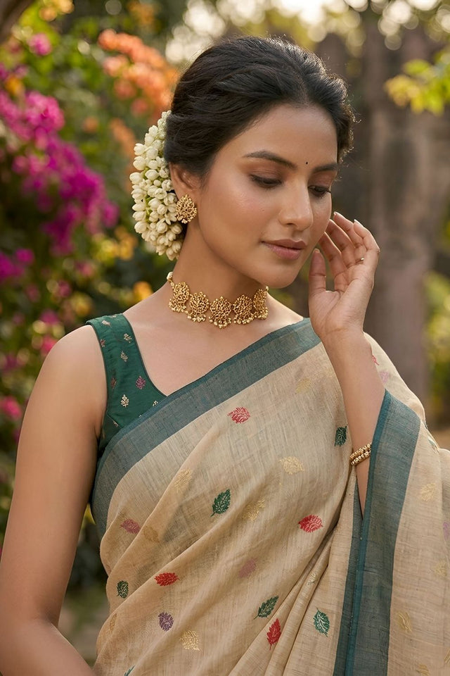 Beige Woven Linen Saree (ACA8709)