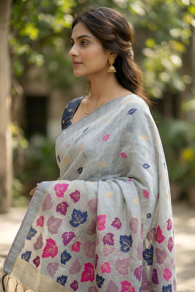 Grey Woven Linen Saree (ACA8710)