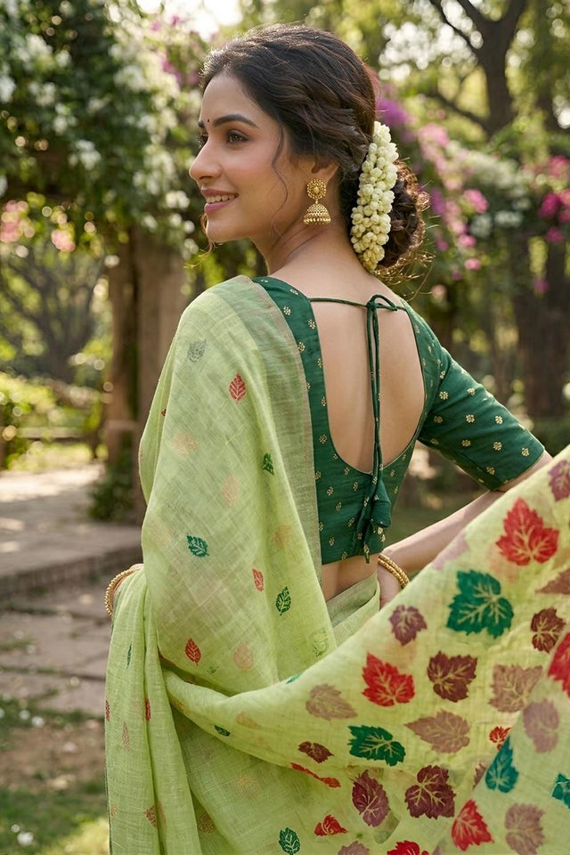 Green Woven Linen Saree (ACA8711)