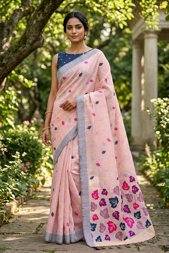 Pink Woven Linen Saree (ACA8714)