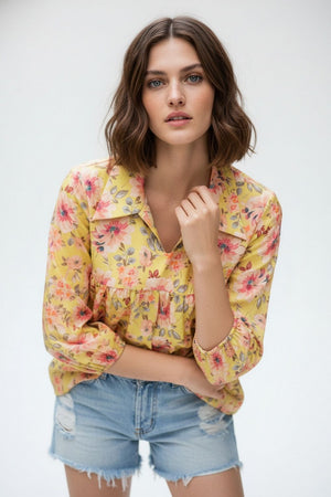 Yellow Floral Printed Crepe Top (ACA8716)